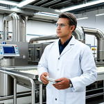 A professional food safety engineer, fully clothed in a clean, modest lab coat, stands confidently inside a pristine, state-of-the-art food processing facility. The environment features gleaming stainless steel equipment, advanced IoT sensors, and AI-driven monitoring screens displaying real-time data analysis. The scene highlights early detection and technological prevention in food safety. Professional photography, high resolution, detailed, perfect anatomy, correct proportions, natural pose, well-formed hands, proper finger count, natural body proportions, safe for work, appropriate content, fully clothed, professional dress.