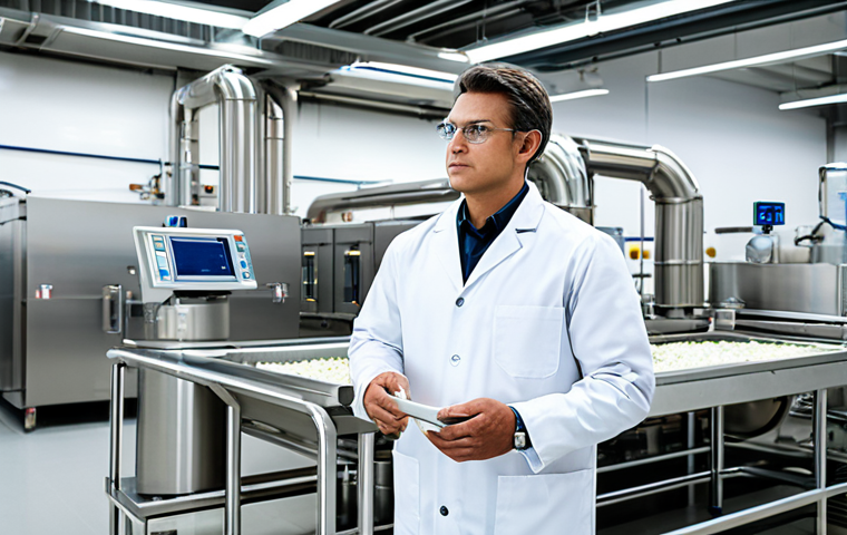 A professional food safety engineer, fully clothed in a clean, modest lab coat, stands confidently inside a pristine, state-of-the-art food processing facility. The environment features gleaming stainless steel equipment, advanced IoT sensors, and AI-driven monitoring screens displaying real-time data analysis. The scene highlights early detection and technological prevention in food safety. Professional photography, high resolution, detailed, perfect anatomy, correct proportions, natural pose, well-formed hands, proper finger count, natural body proportions, safe for work, appropriate content, fully clothed, professional dress.