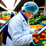 **

"A food safety inspector, wearing a lab coat and hairnet, examining fresh produce at a local market in Seville, Spain. Sunlight streams through the market stalls. The inspector is using a tablet to record data. Focus on cleanliness and attention to detail. Safe for work, appropriate content, fully clothed, professional, family-friendly, perfect anatomy, natural proportions, high quality."

**