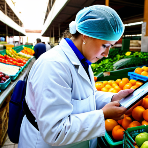 **

"A food safety inspector, wearing a lab coat and hairnet, examining fresh produce at a local market in Seville, Spain. Sunlight streams through the market stalls. The inspector is using a tablet to record data. Focus on cleanliness and attention to detail. Safe for work, appropriate content, fully clothed, professional, family-friendly, perfect anatomy, natural proportions, high quality."

**