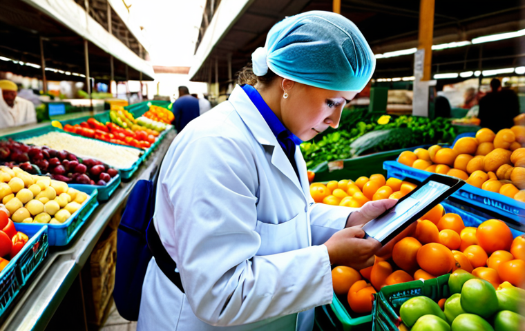 **

"A food safety inspector, wearing a lab coat and hairnet, examining fresh produce at a local market in Seville, Spain. Sunlight streams through the market stalls. The inspector is using a tablet to record data. Focus on cleanliness and attention to detail. Safe for work, appropriate content, fully clothed, professional, family-friendly, perfect anatomy, natural proportions, high quality."

**