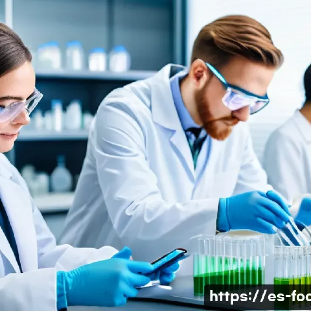 식품연구소 취업 성공 비법 - A modern food science laboratory scene featuring a diverse team of researchers wearing lab coats and...