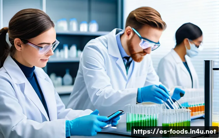 식품연구소 취업 성공 비법 - A modern food science laboratory scene featuring a diverse team of researchers wearing lab coats and...