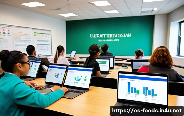 식품기사 자격증 취득 방법 - A modern classroom setting with diverse adult students attentively participating in an online food t...