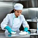 Home 21 식품위생 세미나 참석 후기 - A professional kitchen scene in Spain showing diverse food handlers practicing essential hygiene: a ...