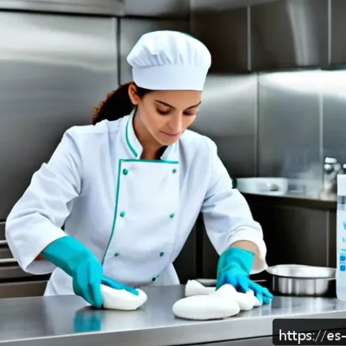 Home 33 식품위생 세미나 참석 후기 - A professional kitchen scene in Spain showing diverse food handlers practicing essential hygiene: a ...
