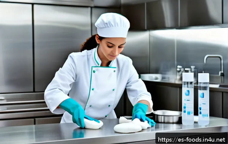 식품위생 세미나 참석 후기 - A professional kitchen scene in Spain showing diverse food handlers practicing essential hygiene: a ...