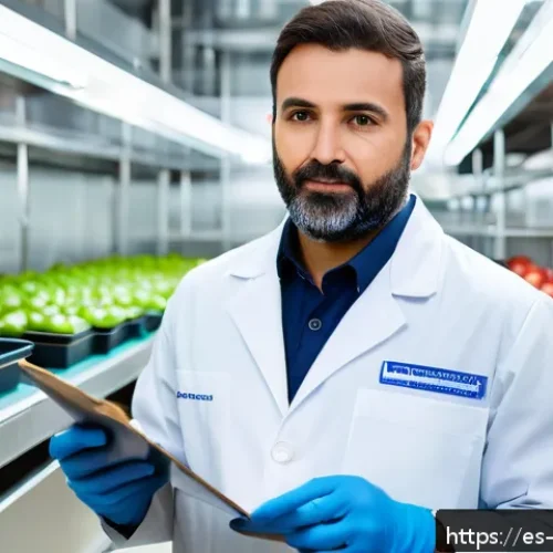 Home 31 식품위생직 공무원 자격 요건 - A professional food safety inspector in Spain wearing a clean white lab coat and blue gloves, holdin...