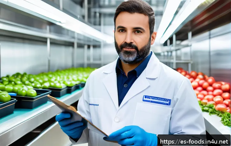 식품위생직 공무원 자격 요건 - A professional food safety inspector in Spain wearing a clean white lab coat and blue gloves, holdin...