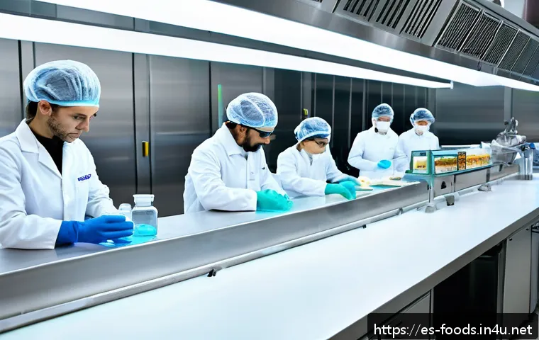 식품공학과와 식품위생학과 차이 - A modern food engineering laboratory scene in a Spanish-speaking country, showing diverse food scien...