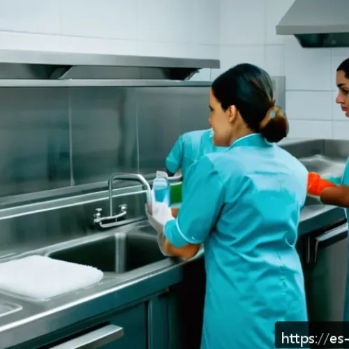 Home 17 식품위생법 주요 중점 과목 정리 - A professional Spanish kitchen scene showing a diverse group of food handlers washing their hands th...