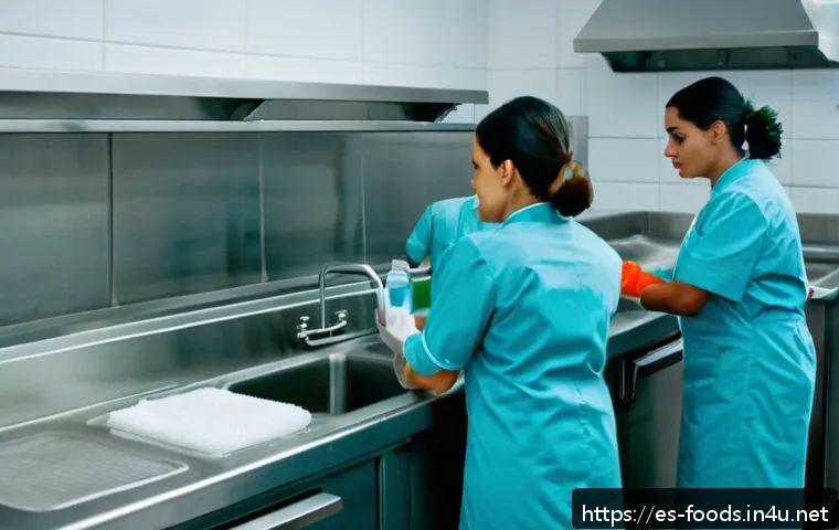 식품위생법 주요 중점 과목 정리 - A professional Spanish kitchen scene showing a diverse group of food handlers washing their hands th...